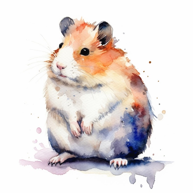 There is a watercolor painting of a hamster sitting on the ground generative ai