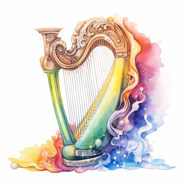 Photo there is a watercolor painting of a harp with a rainbow swirl generative ai