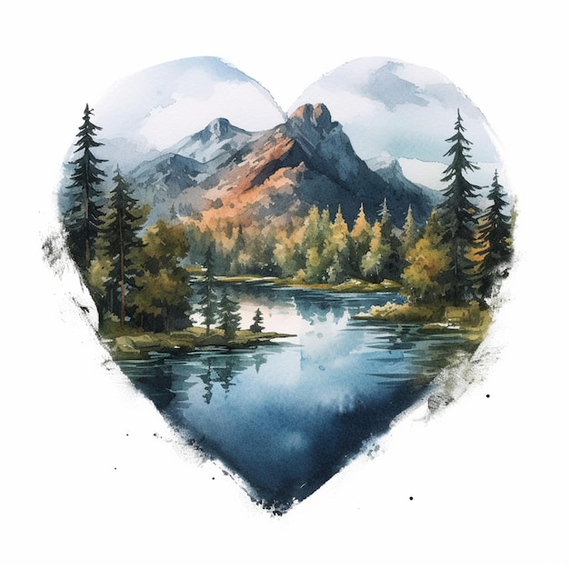 Есть акварельная картина озера в форме сердца.