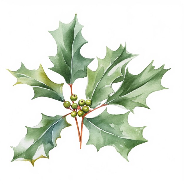 there is a watercolor painting of a holly leaf with berries generative ai