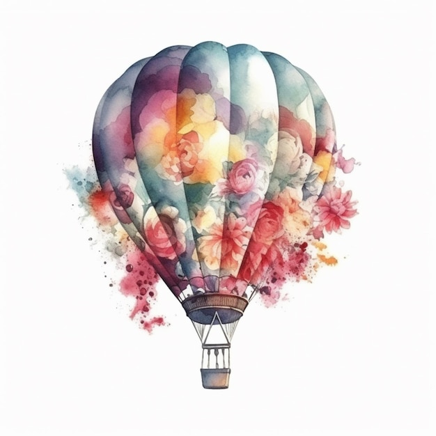 There is a watercolor painting of a hot air balloon with flowers generative ai