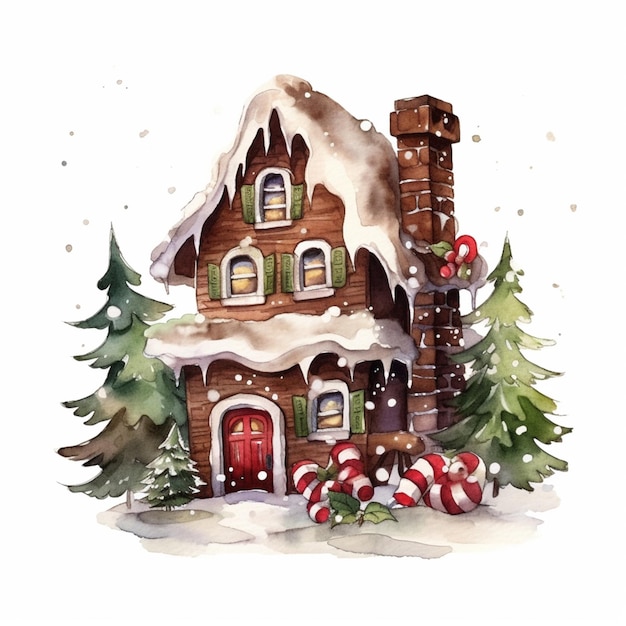 There is a watercolor painting of a house with candy canes generative ai