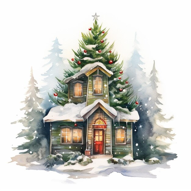 크리스마스 트리 생성 ai가 있는 집의 수채화 그림이 있습니다.