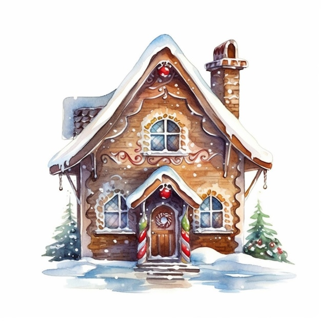 There is a watercolor painting of a house with a christmas tree generative ai