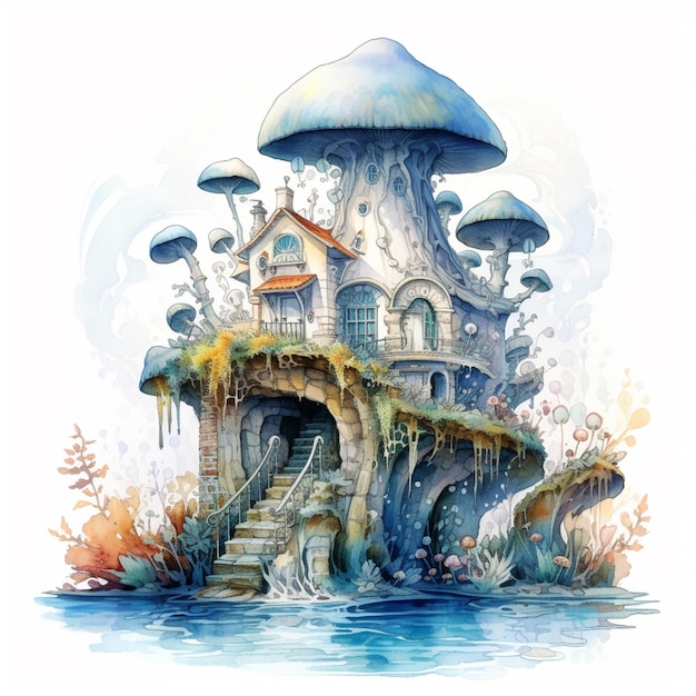 there is a watercolor painting of a house with mushrooms on it generative ai