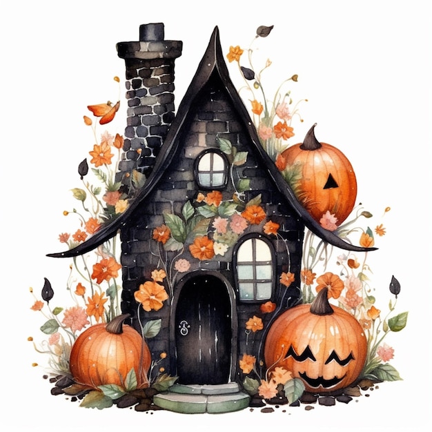 There is a watercolor painting of a house with pumpkins and flowers generative ai
