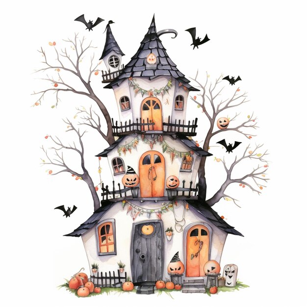 there is a watercolor painting of a house with a tree and bats generative ai