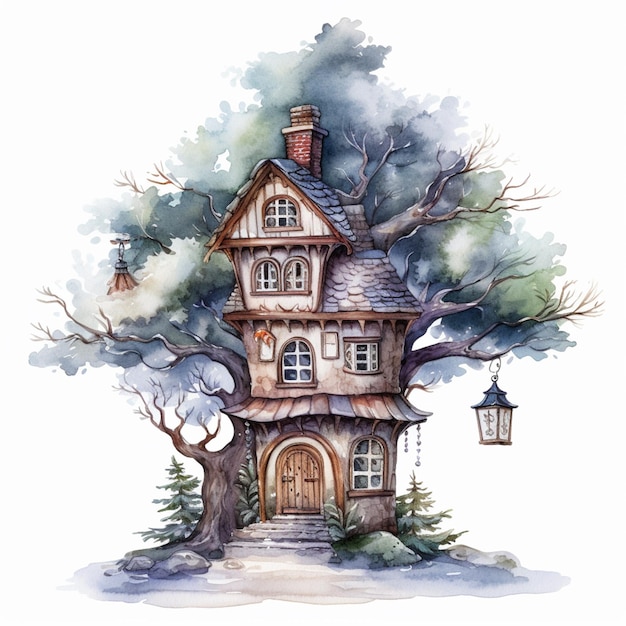 나무 생성 AI가 있는 집의 수채화 그림이 있습니다.