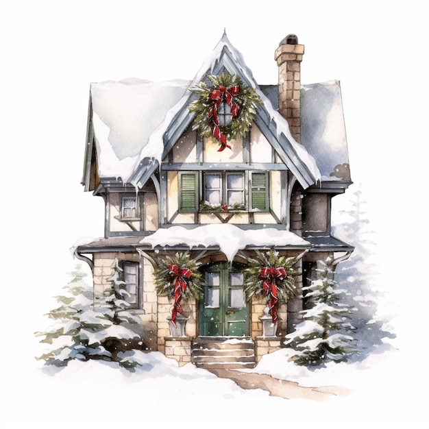 There is a watercolor painting of a house with a wreath on the front generative ai