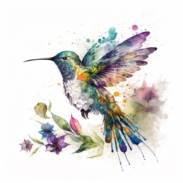 There is a watercolor painting of a hummingbird flying over a flower generative ai