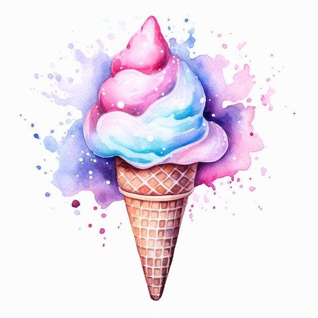 there is a watercolor painting of a ice cream cone with a pink and blue topping generative ai