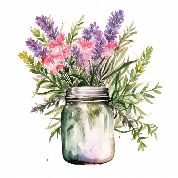 There is a watercolor painting of a jar with flowers in it generative ai