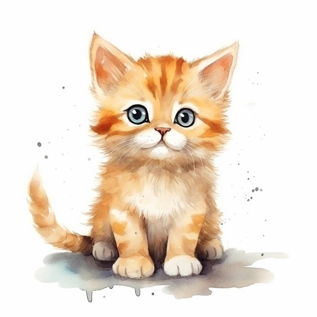 there is a watercolor painting of a kitten sitting on the ground generative ai