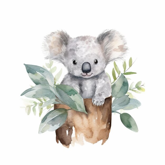 Photo there is a watercolor painting of a koala bear sitting on a tree stump generative ai