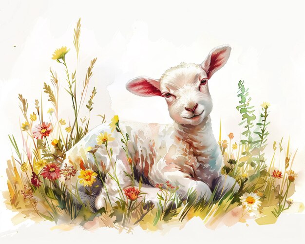 there is a watercolor painting of a lamb laying in the grass generative ai