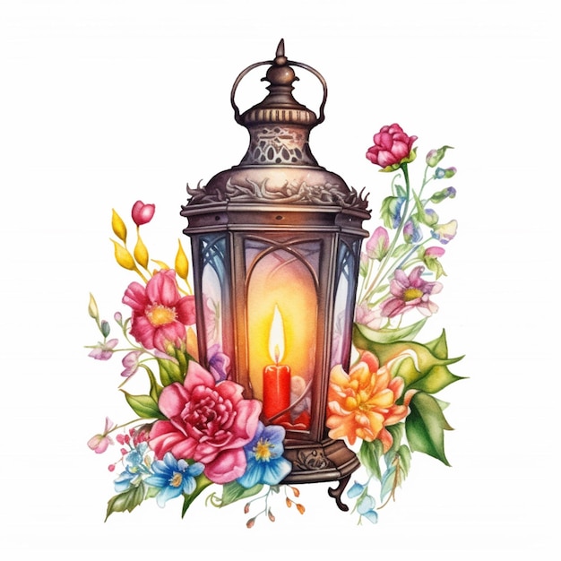 there is a watercolor painting of a lantern with flowers and a candle generative ai