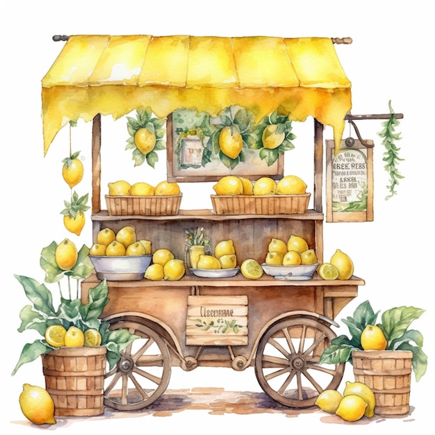 There is a watercolor painting of a lemon stand with baskets of lemons generative ai