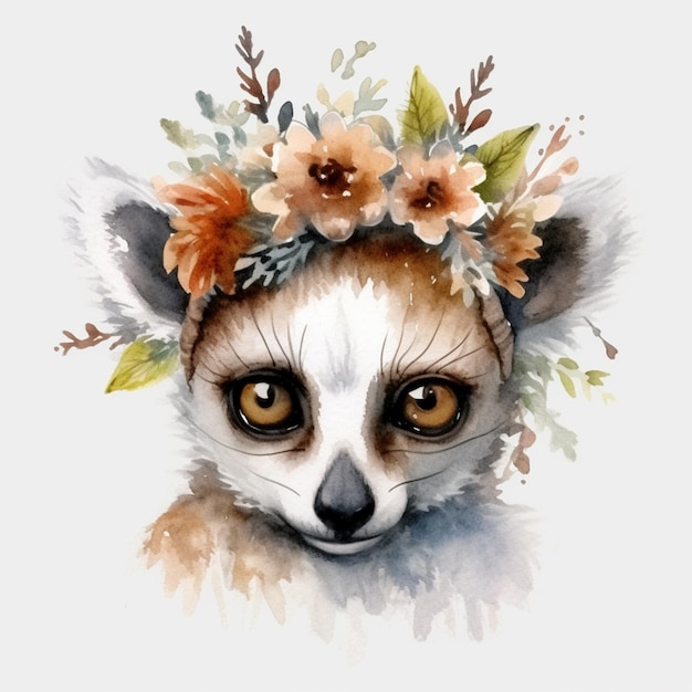There is a watercolor painting of a lemur wearing a flower crown generative ai