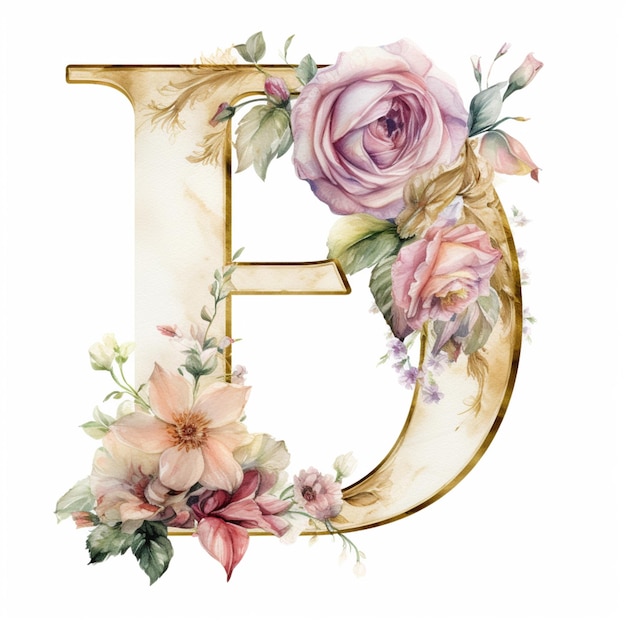 there is a watercolor painting of the letter e with flowers generative ai