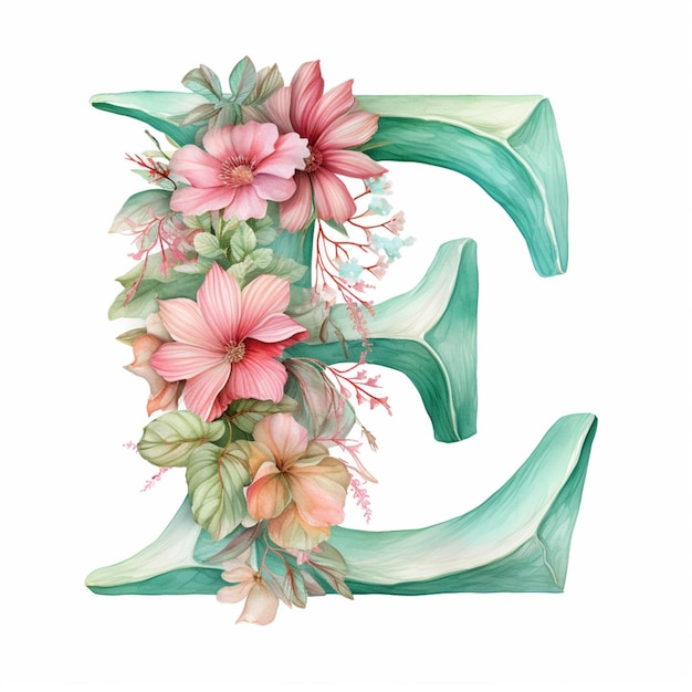 there is a watercolor painting of a letter e with flowers generative ai