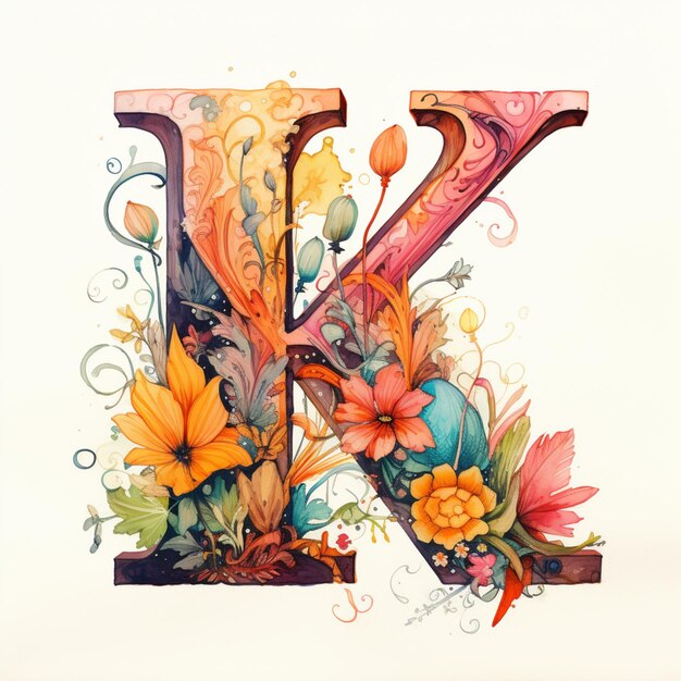 Photo there is a watercolor painting of a letter k with flowers and birds generative ai