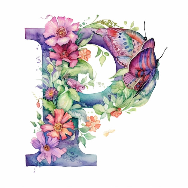 there is a watercolor painting of a letter p with flowers and butterflies generative ai