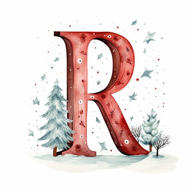 there is a watercolor painting of a letter r with trees and stars generative ai