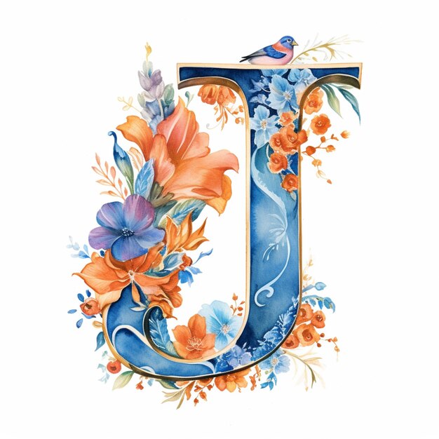 there is a watercolor painting of a letter u with flowers and birds generative ai