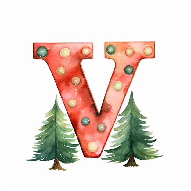 there is a watercolor painting of a letter v with christmas trees generative ai