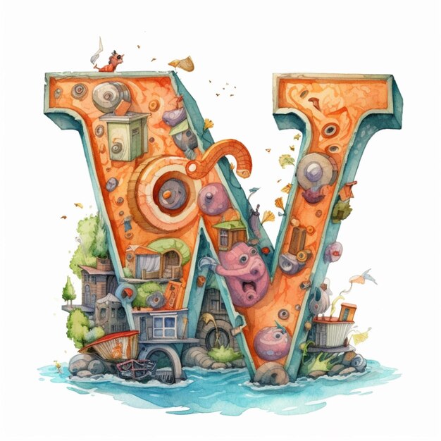 Photo there is a watercolor painting of a letter w with animals generative ai