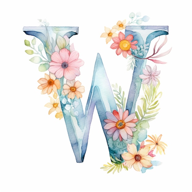 there is a watercolor painting of the letter w with flowers generative ai