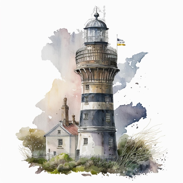 There is a watercolor painting of a lighthouse on a hill generative ai