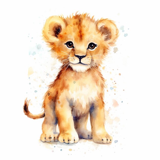 there is a watercolor painting of a lion cub sitting down generative ai