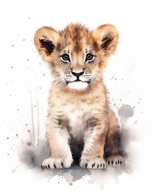 There is a watercolor painting of a lion cub sitting down generative ai