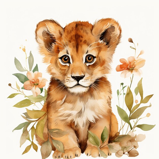 there is a watercolor painting of a lion cub sitting in the grass generative ai