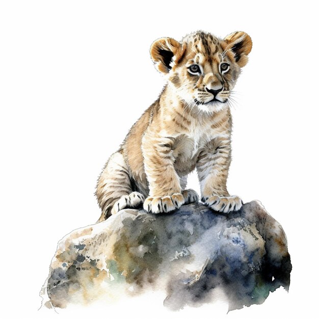 there is a watercolor painting of a lion cub sitting on a rock generative ai