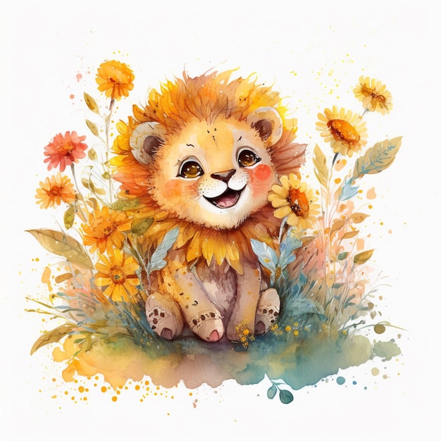 There is a watercolor painting of a lion sitting in the grass generative ai