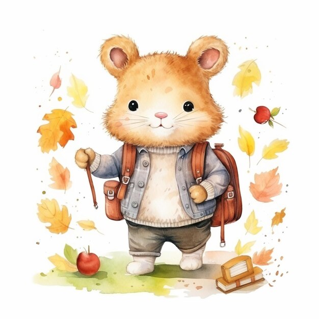 there is a watercolor painting of a little animal with a backpack generative ai