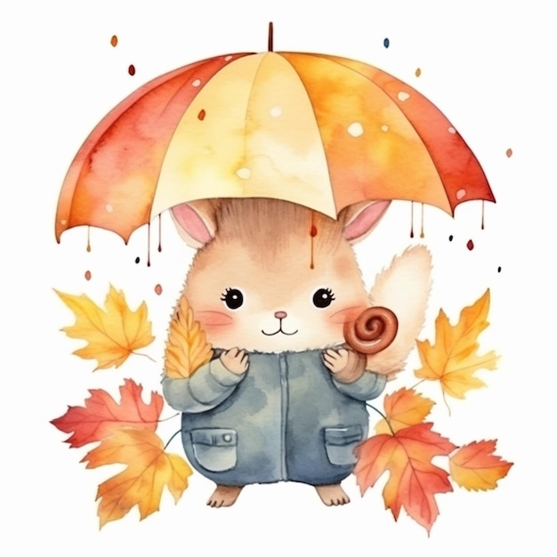 There is a watercolor painting of a little bunny holding an umbrella generative ai