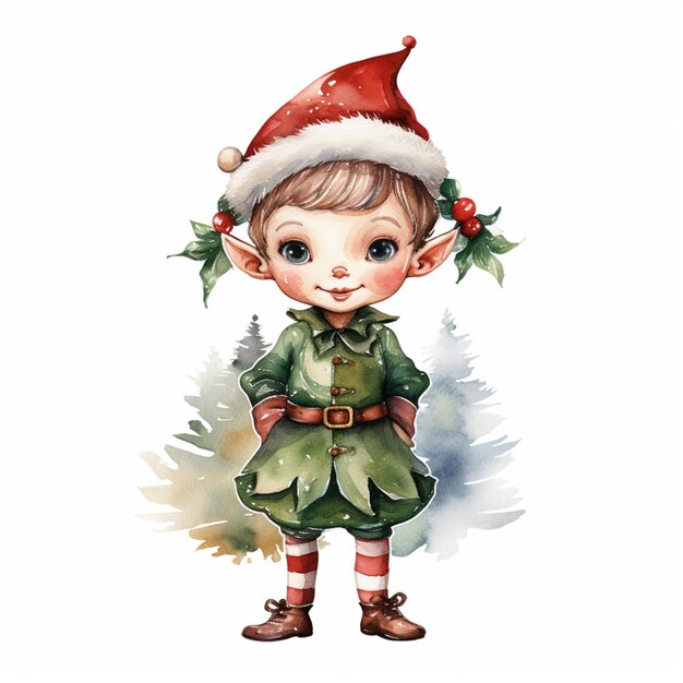 there is a watercolor painting of a little elf with a christmas hat generative ai