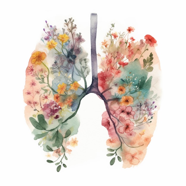 there is a watercolor painting of a lung with flowers on it generative ai