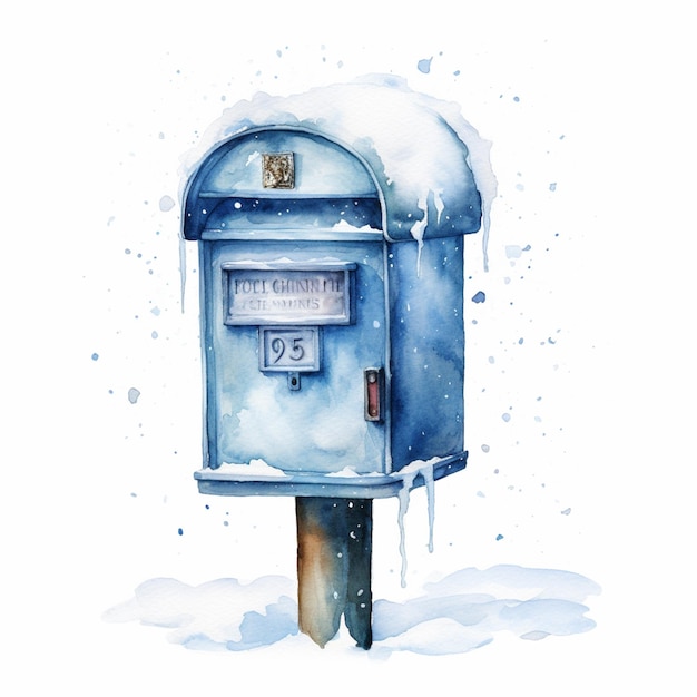 There is a watercolor painting of a mailbox covered in snow generative ai