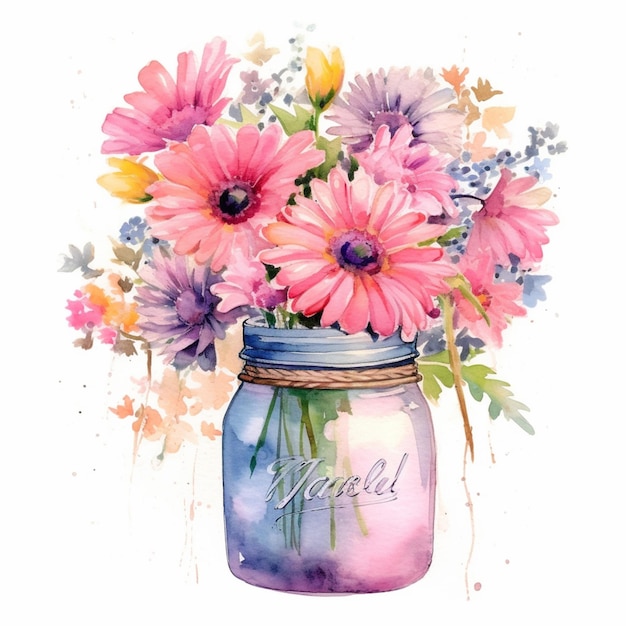 There is a watercolor painting of a mason jar with flowers generative ai