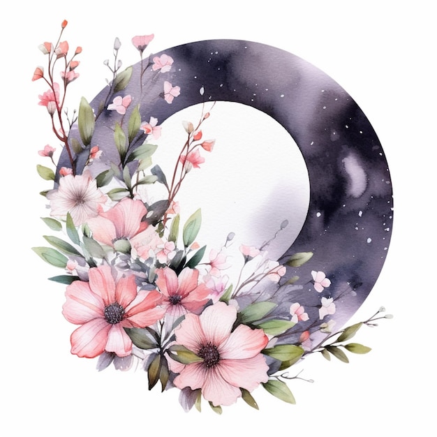 There is a watercolor painting of a moon and flowers generative ai