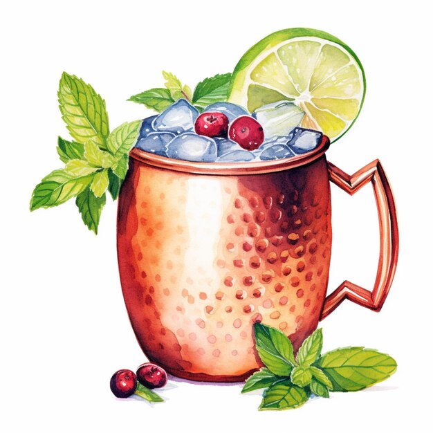 there is a watercolor painting of a moscow mule with blueberries and lime generative ai