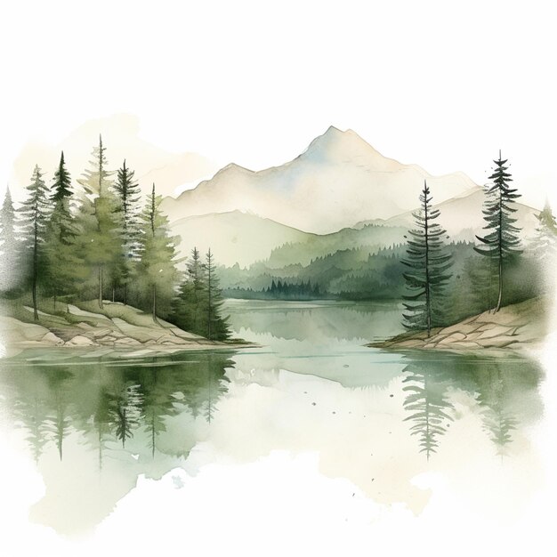 Foto c'è un dipinto ad acquerello di un lago di montagna con alberi generativi ai
