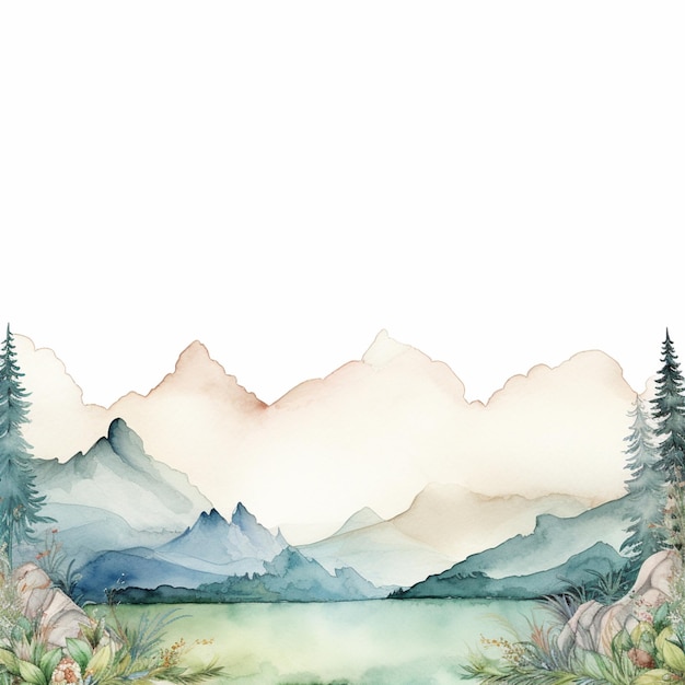 Photo there is a watercolor painting of a mountain scene with a lake generative ai