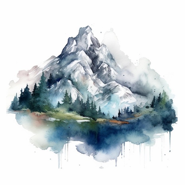 There is a watercolor painting of a mountain with trees generative ai