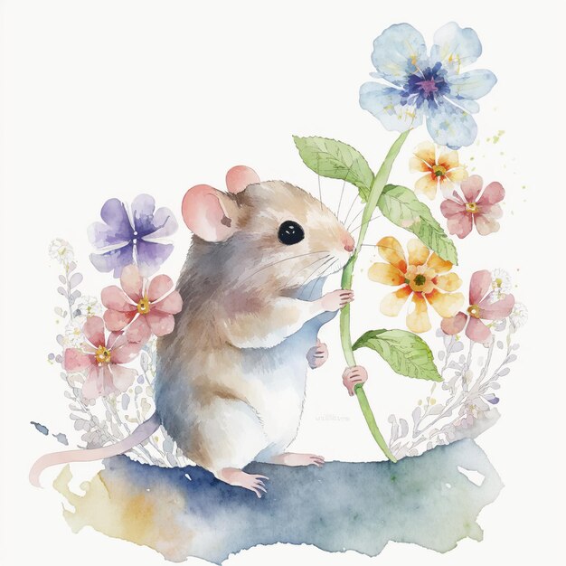 there is a watercolor painting of a mouse holding a flower generative ai