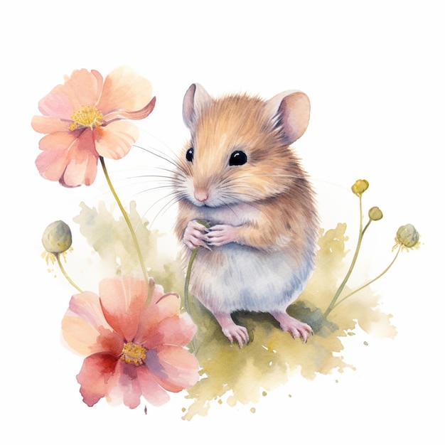 there is a watercolor painting of a mouse sitting on a flower generative ai